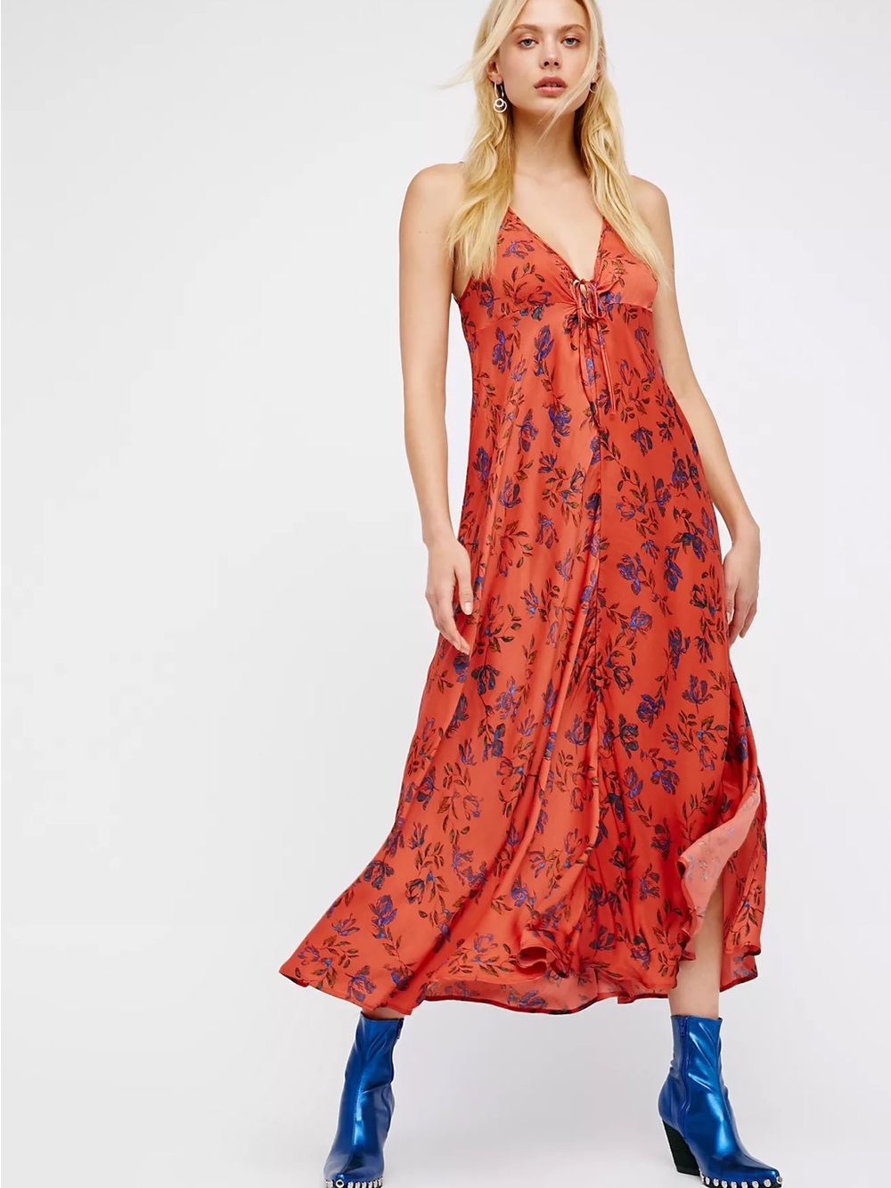 Free People Rust Maxi Dress with Purple Floral Print